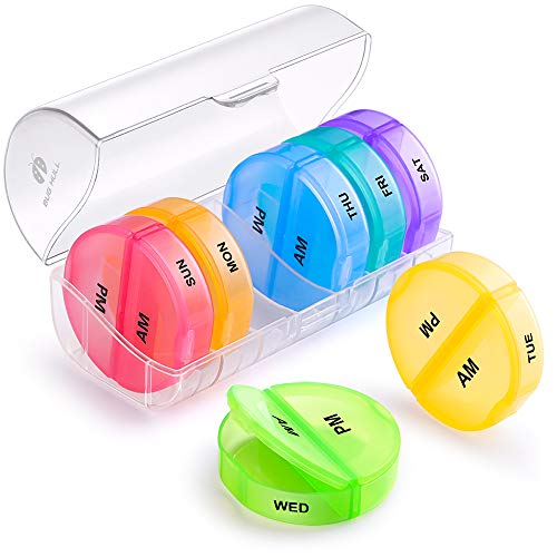 BUG HULL Pill Organizer 2 Times a Day, Weekly Travel Pill Box, 7 Day AM PM Pill Case, Daily Round Medicine Organizer for Vitamins, Fish Oils or Supplement