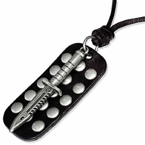 Urban Male Men's Black Leather Studded Dog Tag & Dagger Adjustable Necklace