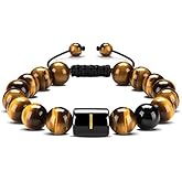 Guz A-Z Initials Bracelet 10MM Natural Black Onyx Tiger Eye Stone Beads Braided Rope Bracelet For For Men Letter Bracelet (I)
