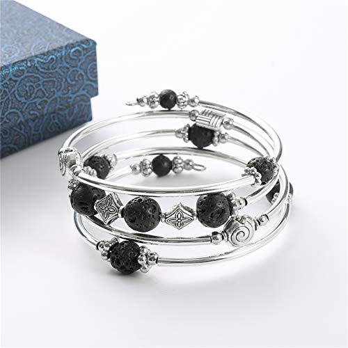 Pearl&Club Beaded Bangle Wrap Lava Bracelet - Fashion Jewelry Multilayer Charm Bracelet with Thick Silver Metal Beads, Gift for Women and Girls (Lava Bracelet) - Thumbnail 3
