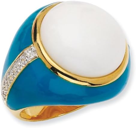 Cheryl M Gold-Flashed Sterling Silver Enamel Blue Enam Simul. Wht Agate and Cubic Zirconia Ring - Size 6