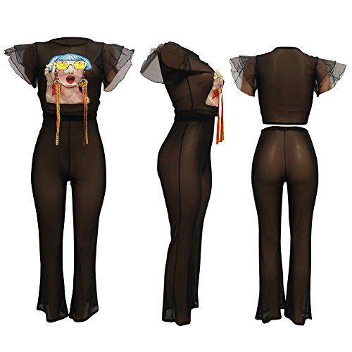 Womens Mesh See Through Bodycon 2 Piece Outfits Crop Top and Pants Set Jumpsuit Long Rompers Black S