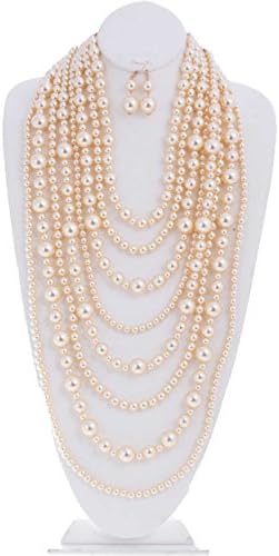 CN0128 WOMEN'S FASHIONABLE CHARMING MULTI-LAYERED LUXURY PEARL NECKLACE AND EARRINGS SET (CREAM)