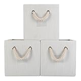 StorageWorks Polyester Storage Cube Box with Strong Cotton Rope Handle, Foldable Basket Organizer Bin, White, Bamboo Style, Medium, 3-Pack