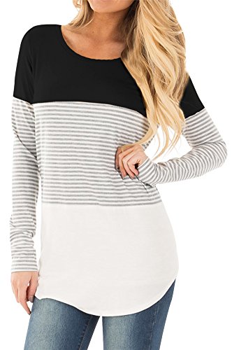 For G and PL Womens Cotton Color Block Casual Knits Shirts Long Sleeve Stripe Tunic Tops Black S - Thumbnail 2