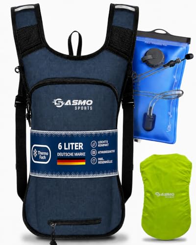 SASMO® Fahrradrucksack klein 6L mit Trinkblase (Blau) - Thermofach & Helmnetz | MTB Rucksack & Skirucksack - Ultraleicht 350g | Fahrrad Rucksack wasse