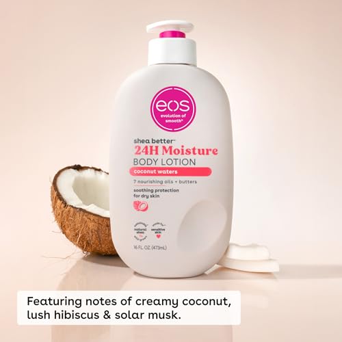 EOS SHEA BETTER BODY LOTION- COCONUT WATERS, 24-HOUR MOISTURE SKIN CARE, LIGHTWEIGHT & NON-GREASY, MADE WITH NATURAL SHEA, VEGAN, 16 FL OZ