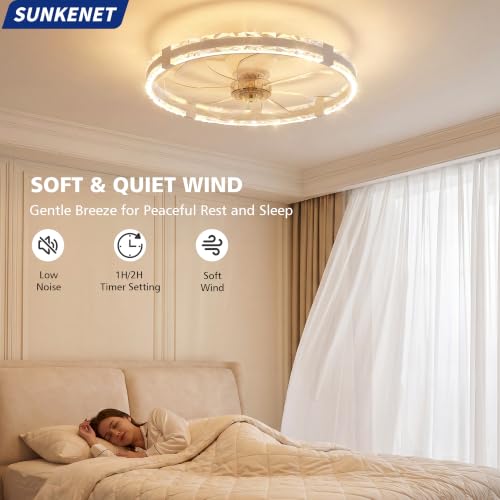 SUNKENET Ceiling Fans with Lights and Remote, 60cm LED Fan Ceiling Light, 3000K-6500K Dimmable Smart Ceiling Fan Light, 6 Wind Speeds & Reversible, White Queit Fan Light Ceiling for Bedroom