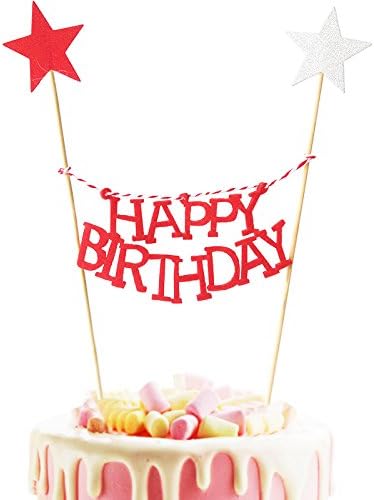 LITTLE FEATHER Happy Birthday Banner Cake Topper Garland Birthday Party Decorations (red)