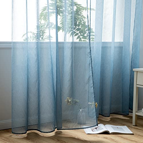 Woaboy Modern Living Room Curtains Short Curtains for Windows 2 Pieces 140 x 145 cm Curtains Bedroom Curtains Translucent Polyester with Rings Dark Blue