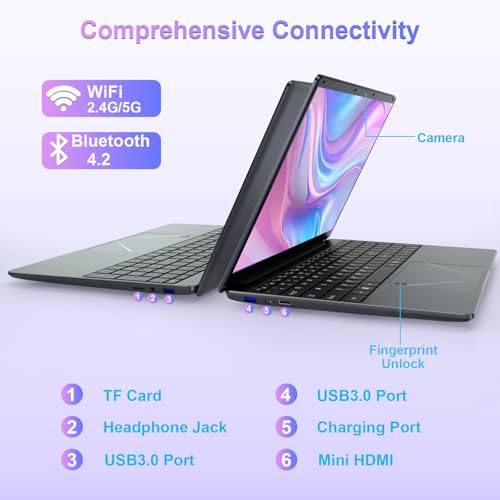 PINSTONE 15,6" Ordinateur Portable Alder Lake-N95(jusquà 3,4 GHz), PC Portable 16Go RAM 512Go SSD, Laptop avec Touch ID, Webcam/WiFi 5/Bluetooth/USB 3.0 - QWERTY Clavier avec AZERTY Membrane du Clavie