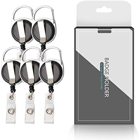 CEYDEY 5 Pack Retractable Keychain ID Badge Holder Reel with Belt Clip Key Ring Carebiner (Black)