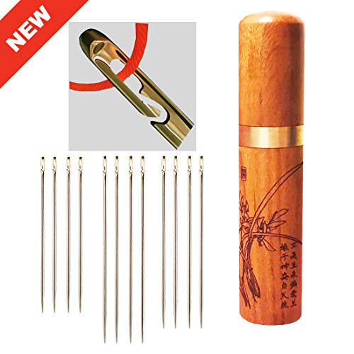 self Threading Needles, Needle Threader with Needle case Carving Pattern Golden 12 Pack