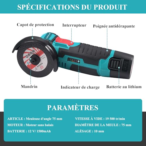 Mini Cordless Angle Grinder 12V 76mm Brushless Motor 19500rpm with 2 x 1500mAh Batteries & 8 Discs Electric Cutting Tool for Metal, Wood, Tile and PVC