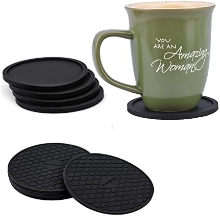 Good Quality Silicone Coasters Set of 10 Black Modern Design Best Holders for Beer/Coffee Cup 3.9 inch Each of Two Different Styles and a Soft Cloth Pouch