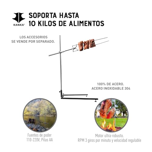 KANKA Asador Portátil con Motor Eléctrico, Acero Inoxidable 304, Soporta Hasta 10 Kg de Alimentos, Compatible con Todo Tipo de Parrillas y Fuegos, Ideal para Cocción Continua en Exteriores