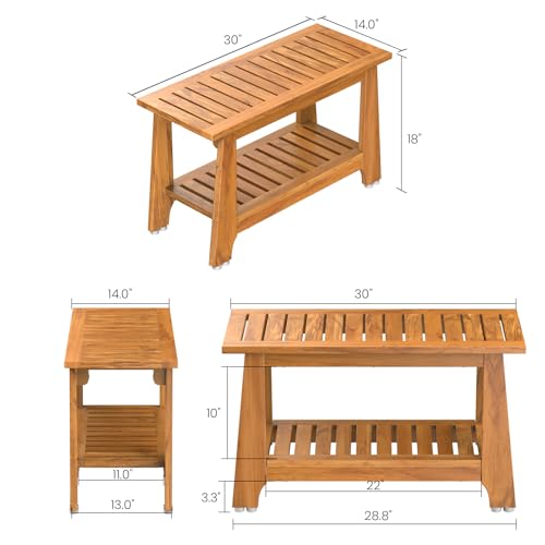 NNN 30" Commercial Teak Shower Bench - 8 Non-Slip Leveling Feet & 350 lbs Capacity | Rock-Solid Stability for Seniors & Spa Safety | Waterproof Design for Saunas/Outdoor Pools (Patented)
