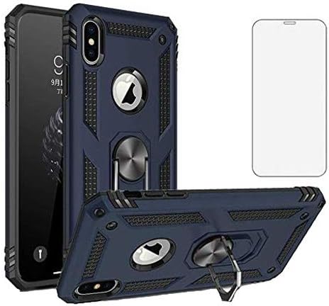 Phone Case for iPhone Xs X 10 with Tempered Glass Screen Protector Magnetic Stand Ring Holder Accessories Heavy Duty Rugged Protective Shockproof Hard Bumper iPhoneX iPhoneXs i SX 10x 10s 10xs Blue