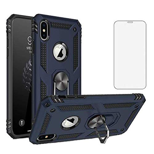 Phone Case for iPhone Xs X 10 with Tempered Glass Screen Protector Magnetic Stand Ring Holder Accessories Heavy Duty Rugged Protective Shockproof Hard Bumper iPhoneX iPhoneXs i SX 10x 10s 10xs Blue