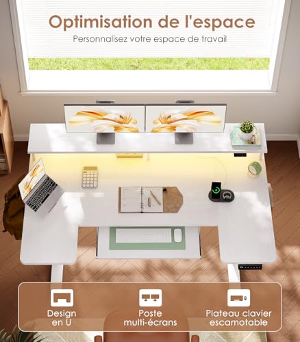 OffiGo U Shape Sitting Desk Electric Desk with Monitor Stand, USB Sockets and Port, Standing Desk with LED, Height Adjustable Gaming Table, White