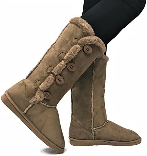 Womens TRISH Soft Fur Lined Warm Winter Boot 4-Button Mid Calf Faux Suede Girls, Camel Tall, 5