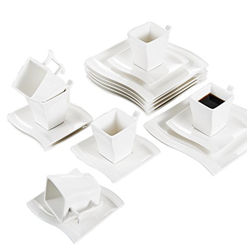 Malacasa, Series Flora, 18-Piece Ivory White Porcelain China Ceramic Cream White Dinner Combi-Set with 6-Piece Cups 6-Piece Saucers and 6-Piece Dessert Plates Service for 6