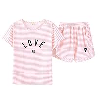 Hupohoi Big Girls Summer Cute Pajama Sets Striped Hearts Shape Printed Sleepwear, Pink, 16(US 13-15 Years)