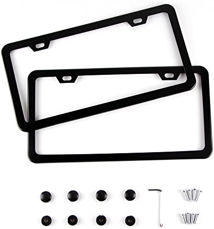 FelizCoche 2 PCS Stainless Steel Matte Black License Plate Frame 2 Holes with Black Screw Caps (slim bottom, black)