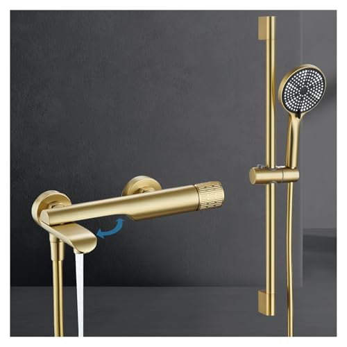 Bath Faucet with 3 Jets, Wall Mounted Bath Mixer Tap with 90° Rotating Spout, 1.5 m Flexible and Bracket, Bathroom Mixer Tap in Brass (Brushed Gold)