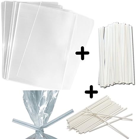 100 3x4" Treat Bags, White Twist Ties and 6" Inch Paper Lollipop Sticks - CakePop Kit - 1.5mils Thick Food Safe PP Plastic - Party Treat Bags (White, 3x4")