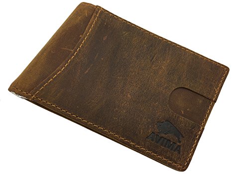 AVIMA RFID Blocking Bifold Slim Handmade Wallet - Thin Magnetic Minimalist Front Pocket Wallets Made of Genuine Leather for Men, Real Anti Theft Protection, Modern Design with Money Clip (Texas Brown)