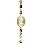 CARLIEN Womens Gold Petite Vintage Colorful Jade Crystals Beaded Waterproof Watch Small Pearl Oval Dial Arabic Numerals Fashion Bracelet Wrist Watch