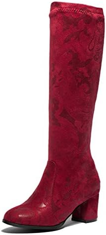 DOTACOKO Womens Round Toe Wide Calf Knee High Riding Boots Chunky Heels Faux Suede Boots