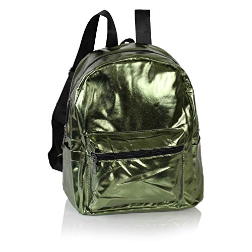 Cute Small Holographic Vegan Leather Casual Daypack- Mini Metallic Women’s  Travel Backpack or Toddler School Bag (Metallic Olive)