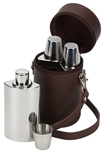 Farm Cottage Brands 3 stainless Steel hip flasks and drinking cups with leather carrier & free funnel