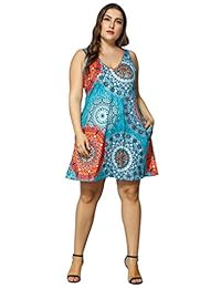 Mujer Más el Tamaño de Cuello en V sin Mangas de Impresión Floral Bolsillo de la Camiseta de Vestidos Casual Midi Vestido de Tanque de Playa de la Cubierta hasta el Domingo (XL-5X)