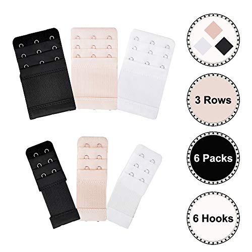 iFergoo Women Bra Extender, 2 Hooks / 3 Hooks Band Extension Strap Extender 2 Hook & 3 Hooks, 6 Pack (Black, White, Beige)