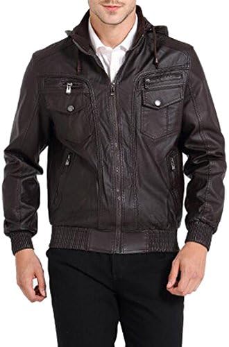 LaiGouMai Men's Motorcycle Faux-Leather Jacket with Hooded Brown M
