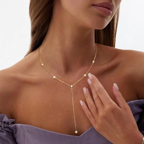 Fwlisesa Gold Necklace for Women, Dainty Gold Long Necklaces 14k Gold Plated Prom Lariat Necklace Cute Choker Necklaces for Women Trendy Stuff Fashion Costume Gold Accessories Christmas Jewelry Gifts