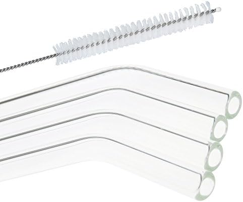TIANYUAN 9" 9mm Reuseable Bent Glass Straws with 1 Cleaning Brush Set of 4 Clear