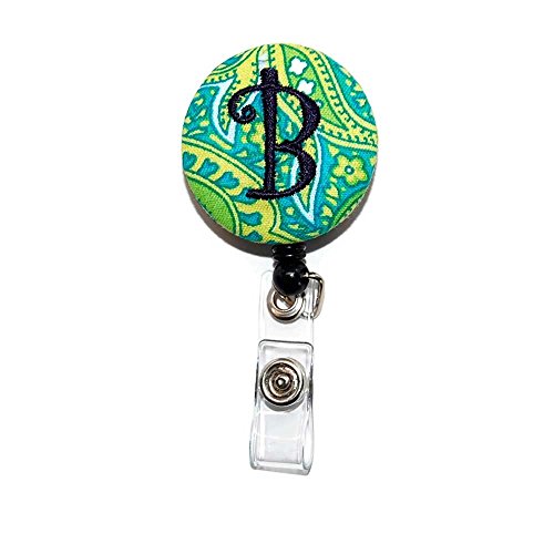 Turquoise Paisley with Navy Your Choice of Letter Badge Reel Retractable for ID or Key Card Free Shipping
