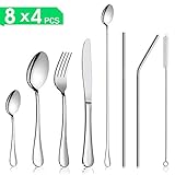 Silverware Flatware Cutlery Set,Portable Utensils LPOLER 32 Pieces Stainless Steel Utensils Service for 4,Include Knife,Fork,Spoon,Straw and Cleaning Brush,Mirror Polished,Dishwasher Safe