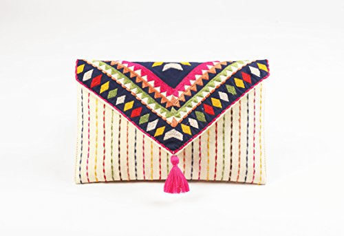 Tribal pouch, envelope clutch, off white colour bag, foldover clutch, bohemian, multicolour, embroidered, 6X9 inches