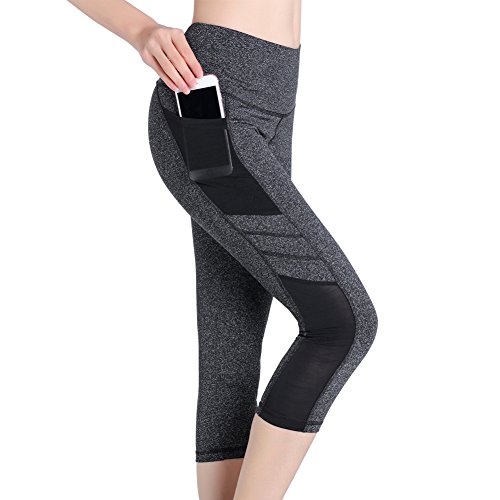 Se Yo Women's Leggings High Waist Yoga Pants Pocket Running Workout Tights No See Through Capri Leggings (X-Large, 3/4 Leggings-Grey) (Best Place To Get Skinny Jeans For Guys)