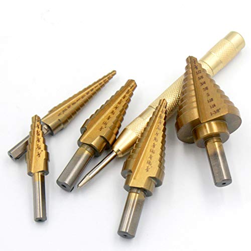 Step Drill Bit Set with Automatic Center Punch- Titanium Coated, Double Cutting Blades, High Speed Steel, Short Length Drill Bits Set of 5 pcs, Total 50 Sizes with Aluminum Case, Multiple Hole Step