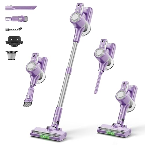 Cordless Vacuum Cleaner for Home: 6-in-1 Stick Vacuum with Powerful Suction, Rechargeable, Anti-Tangle Pet Hair Brush, Self-Standing, Green LED Headlight Vacuum for Carpet & Hardwood Floors-Purple