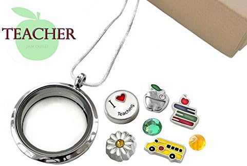 TEACHER Themed Glass Locket Pendant Set w/ SCHOOL BUS Floating Charms &amp; Sterling Plated Necklace