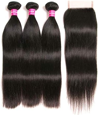 Brazilian Straight Hair With Closure 3 Bundles Unprocessed Virgin Human Hair Bundles With Lace Closure Free Part Hair Extensions Natural Color (22 24 26+20 Free)