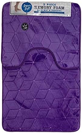 Artistic Fashionista Luxury MEMORY FOAM BATH MAT SET Non-Slip, Absorbable & Washable Pedestal Mat and Bath Mat Bathroom Rug (Blocks - Plum)