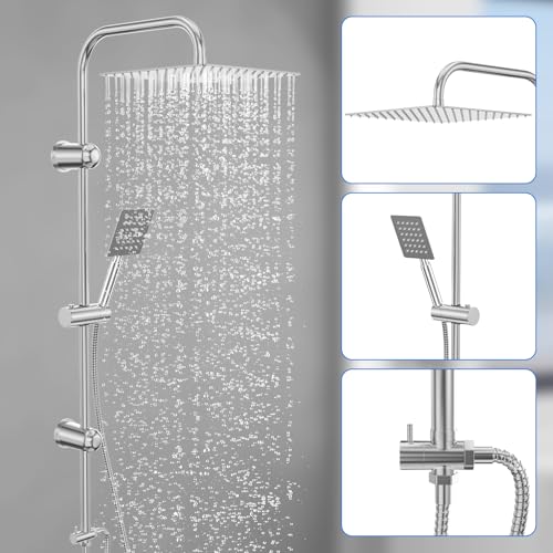 Kezidhp Shower Column without Hydromassage Mixer, Shower Rail with Rain Shower, 30 x 30 cm, Stainless Steel Column, Adjustable Wall Mount